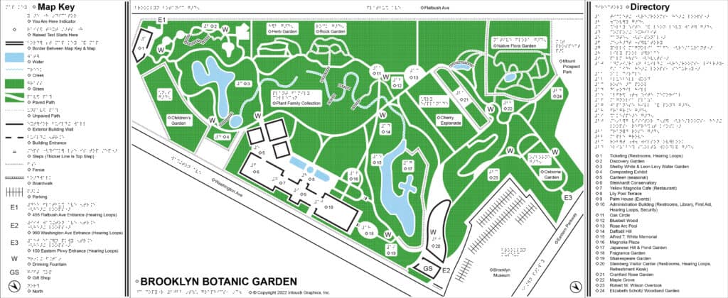 Brooklyn Botanic Garden tactile map with braille, touch graphics and high contrast coloring.
